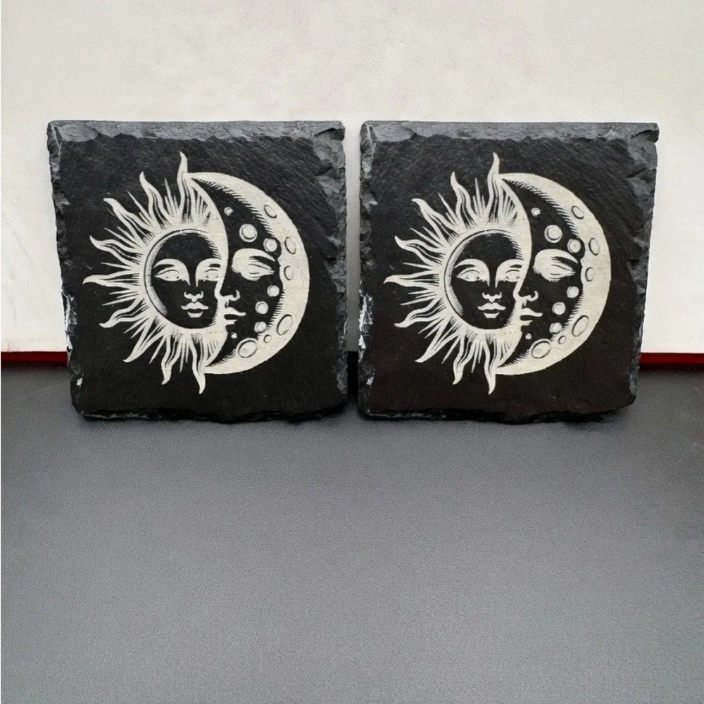 Sun and Moon Slate Coasters - Black and White Set of 4 Laser‎ Engraved Celestial